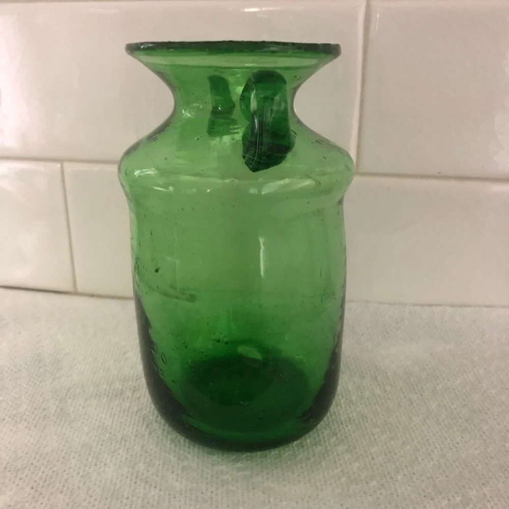Hand Blown Green Two Handle Glass Vase - Made in Egypt